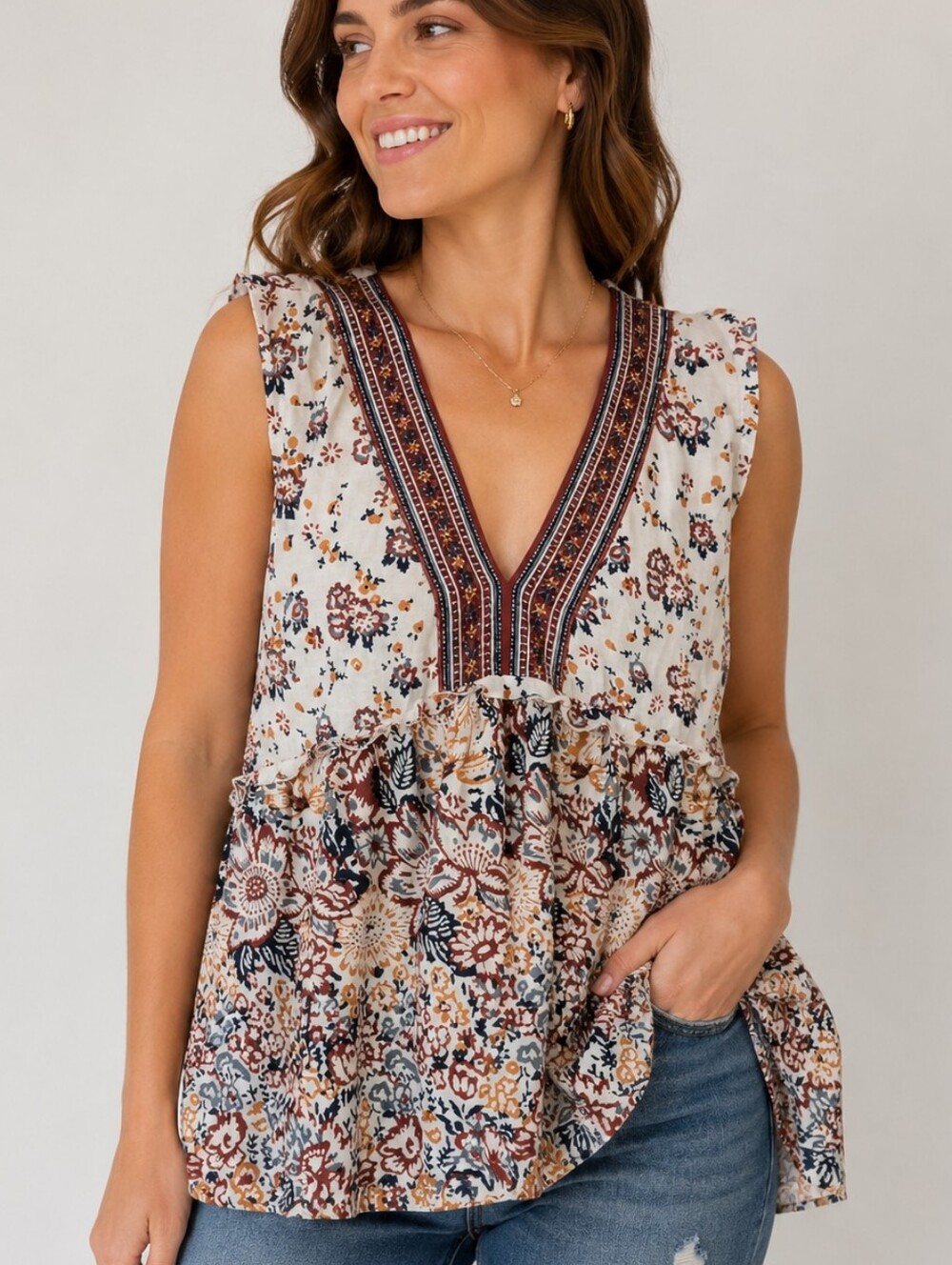 Lucky Brand Boho Floral V-Neck Sleeveless Top  - White, Red & Navy 100% Cotton